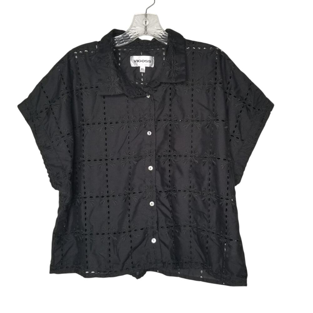 Vigoss Floral Eyelet Blouse XL Black Embroidered Sleeveless Button Up Whimsigoth